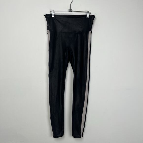 Spanx Black White Faux Leather Side Stripe Tummy Control Leggings SZ L - Picture 2 of 9